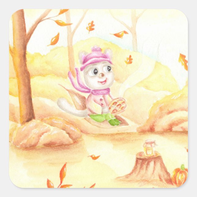 Adesivo Quadrado Doce caminhada do outono na floresta (Frente)