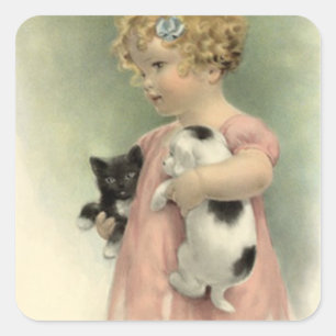 Adesivo Quadrado Doce do filhote de cachorro do gatinho da menina