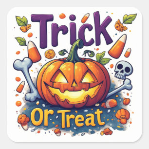 Adesivo Quadrado Doce ou Travessura Abóbora Caveira Halloween 🎃