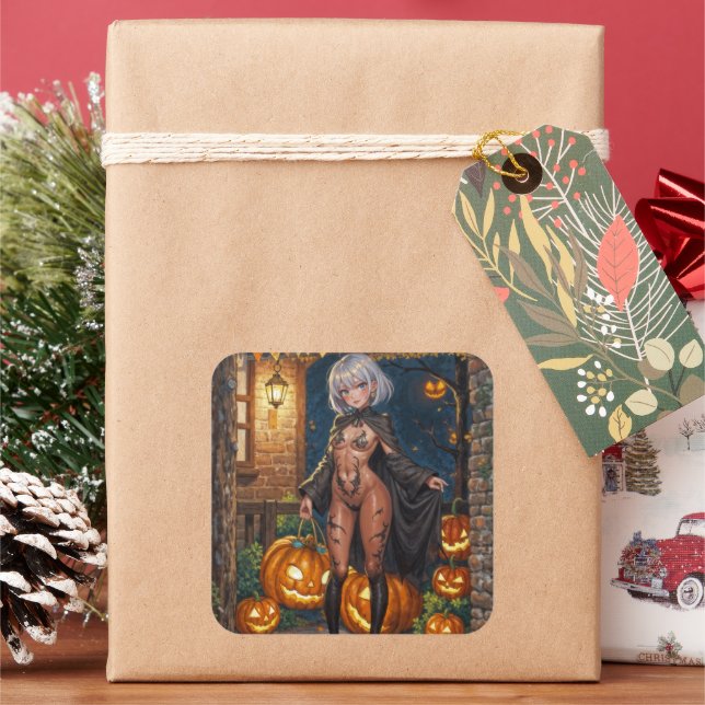 Adesivo Quadrado Doce ou Travessura, Corajosa Garota de Fantasia de (Feriado)