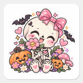 Adesivo Quadrado Doce Pequeno Esqueleto Flor Rosa Halloween 