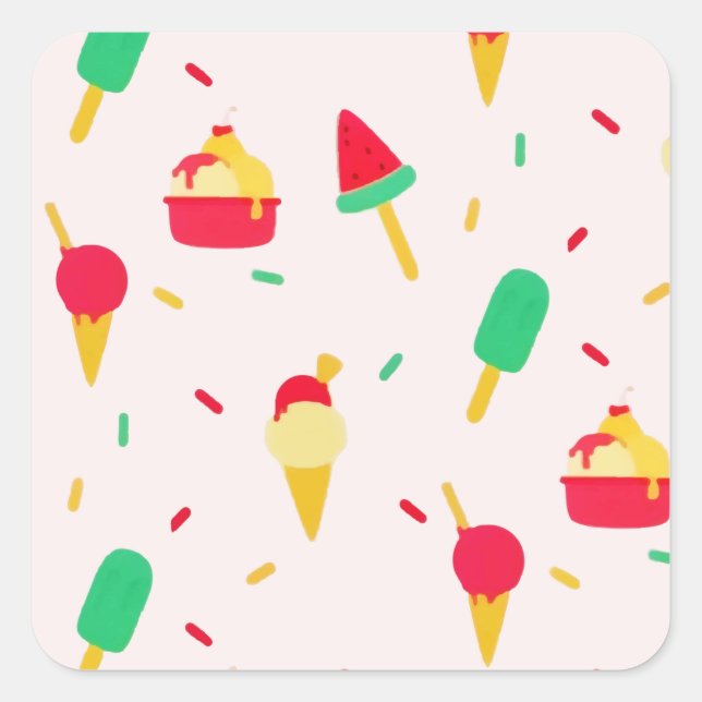 Adesivo Quadrado Doce Verão Divertido Sorvete Arco-Íris Sprinkles (Frente)