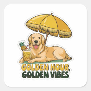 Adesivo Quadrado Dog Beach Sticker   Ouro Retriever com Pina