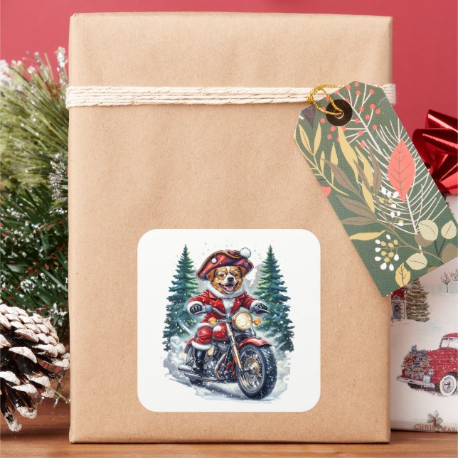 Adesivo Quadrado Dog Santa Riding Motorcycle Snowy Forest (Feriado)