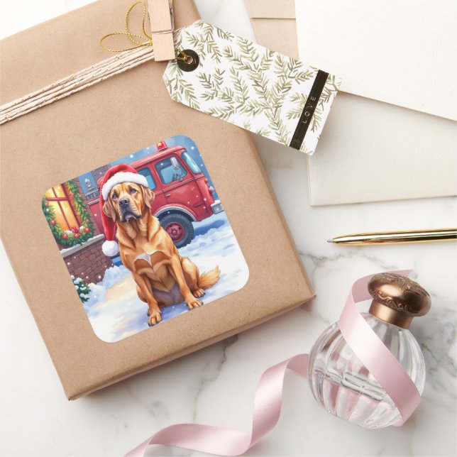 Adesivo Quadrado Dogue de Bordeaux Firefighter Station Santa Hat (Presentear)
