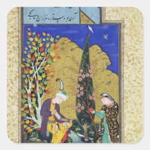 Adesivo Quadrado Dois amantes em um pomar de flores