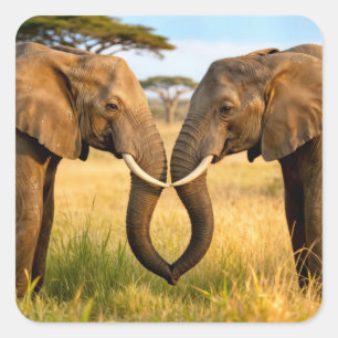 Adesivo Quadrado Dois Elefantes Africanos Na Grama Da Savana