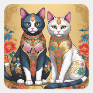 Adesivo Quadrado Dois gatos florais decorativos
