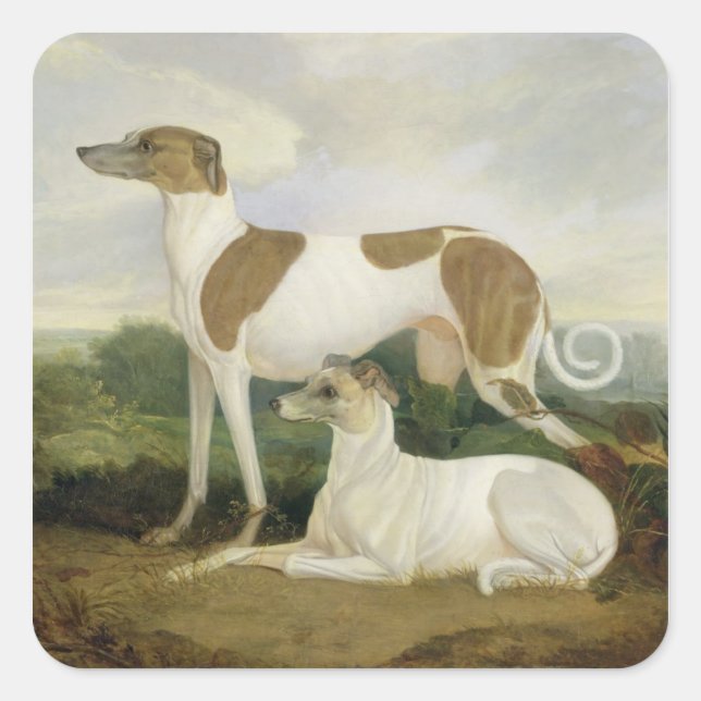 Adesivo Quadrado Dois Greyhounds em uma paisagem (óleo na canvas) (Frente)