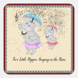 Adesivo Quadrado Dois hipopótamos cantando no bastão da chuva