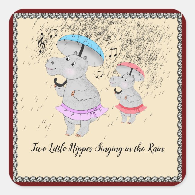 Adesivo Quadrado Dois hipopótamos cantando no bastão da chuva (Frente)