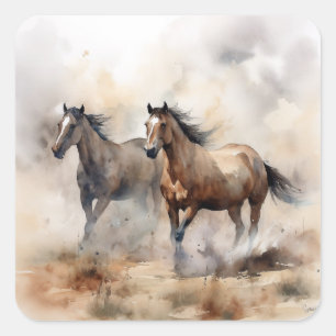 Adesivo Quadrado “Dois Mustangs Selvagens” Aquarela Ocidental Empoe