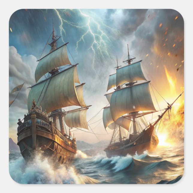 Adesivo Quadrado Dois navios no mar (Frente)