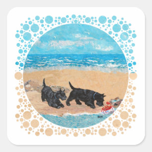 Adesivo Quadrado Dois Scotties na Praia