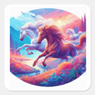 Adesivo Quadrado Dois Unicórnios Coloridos