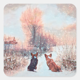 Adesivo Quadrado Dois Welsh Corgis First Snow