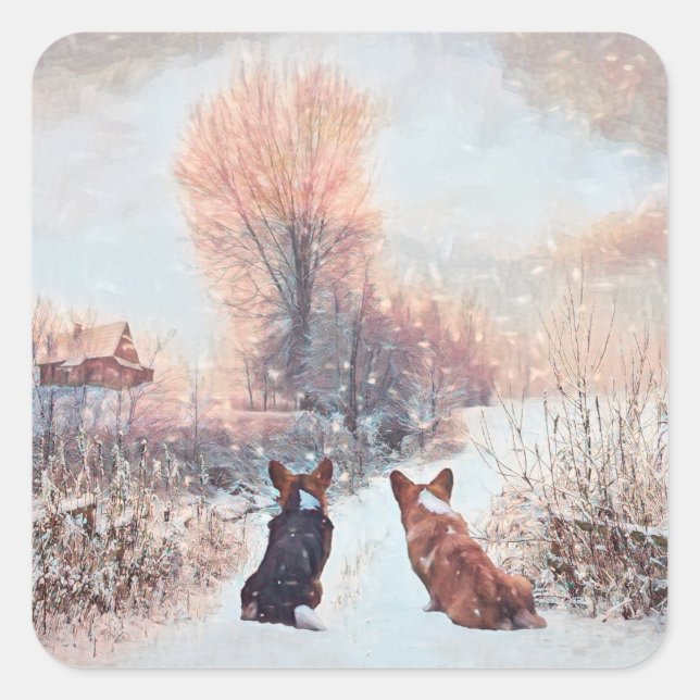 Adesivo Quadrado Dois Welsh Corgis First Snow (Frente)