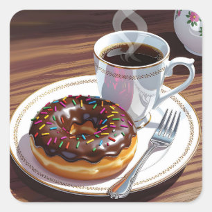 Adesivo Quadrado Donut com Cobertura de Chocolate e Café 