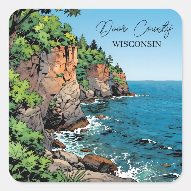 Adesivo Quadrado Door County Illustration | The Bluffs and Lake (Frente)
