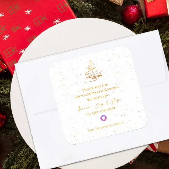 Adesivo Quadrado Dourada árvore de Natal Obrigado Mensagem Corporat (Gold Christmas Tree Thank You Message Corporate Square Sticker)