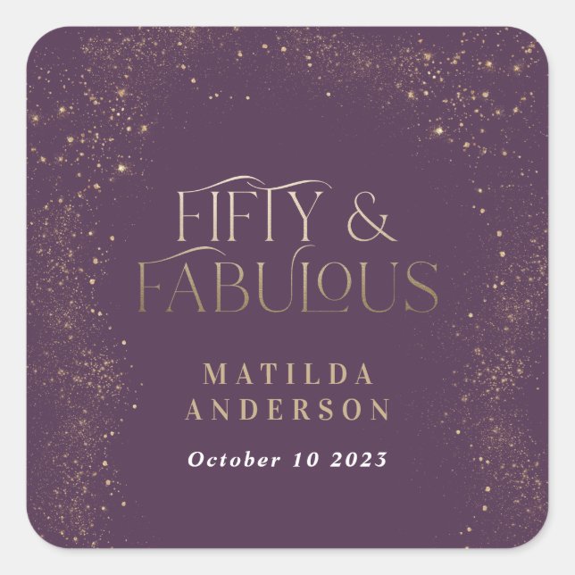 Adesivo Quadrado Dourada brilho roxo 50 e festa de aniversário fabu (Frente)