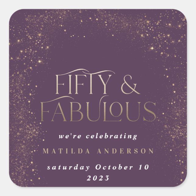 Adesivo Quadrado Dourada brilho roxo 50 e festa de aniversário fabu (Frente)