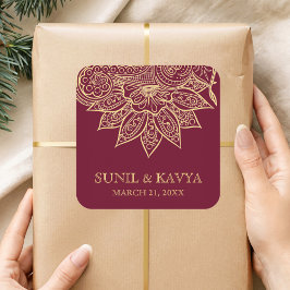 Adesivo Quadrado Dourada Burgundy Mehendi Henna - Favor do Casament