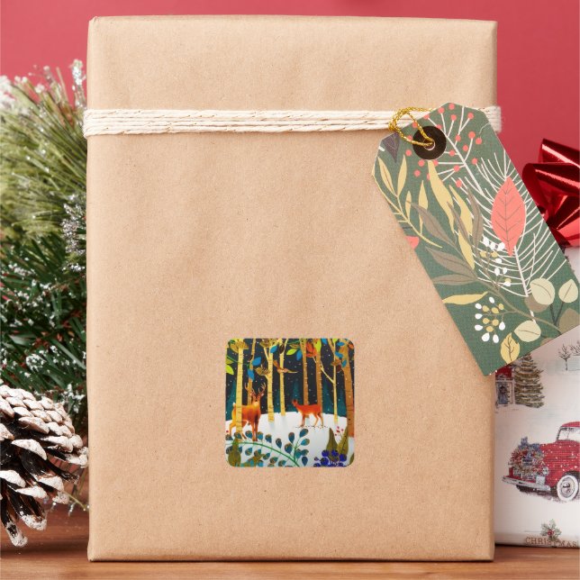 Adesivo Quadrado Dourada Cozy Winter Deer Forest Watercolor (Feriado)