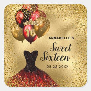 Adesivo Quadrado Dourada Glitter Tiara Red Vress Doce 16 Aniversár