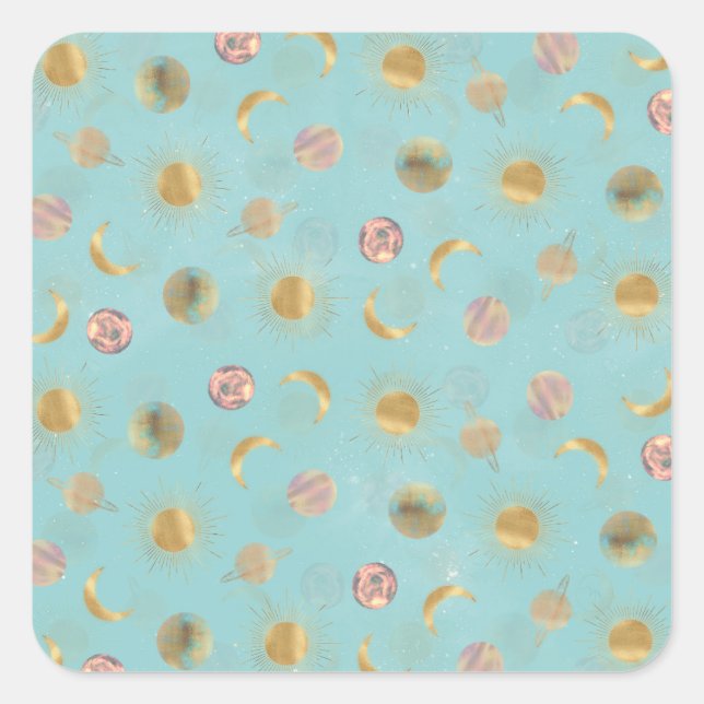 Adesivo Quadrado Dourada ilustração azul do espaço da Lua Sun (Frente)