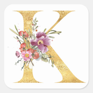 Adesivo Quadrado Dourada letra K MONOGRAM com flores