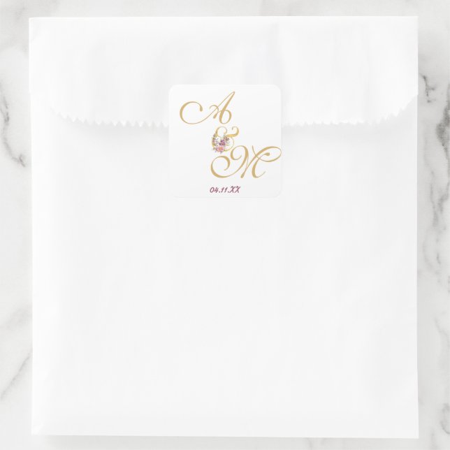 Adesivo Quadrado Dourada letra MONOGRAM WEDDING PERSONALIZADA (Bolsa)