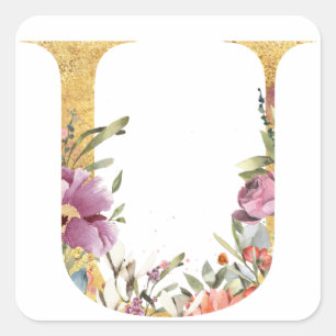 Adesivo Quadrado Dourada letra U MONOGRAM com flor