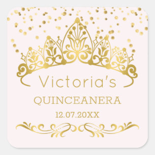 Adesivo Quadrado Dourada tiara, confete bolinhas Quinceanera