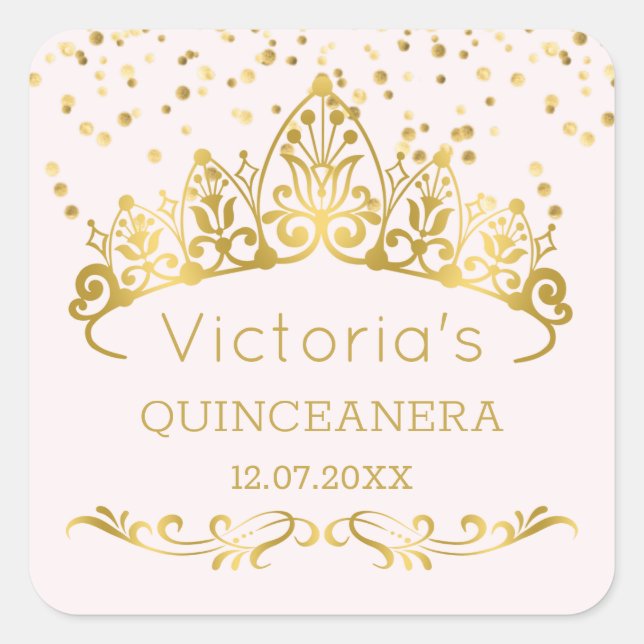 Adesivo Quadrado Dourada tiara, confete bolinhas Quinceanera (Frente)