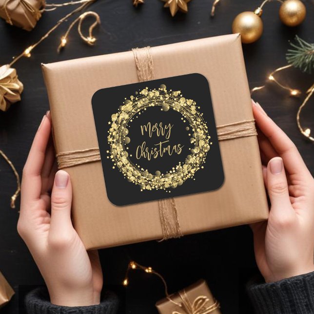 Adesivo Quadrado Douradas estrelas Feliz Natal (Merry Christmas twinkling gold stars square stickers)