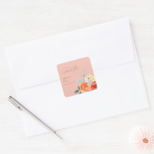 Adesivo Quadrado Dourado Casamento Floral de Blush Elegante Obrigad
