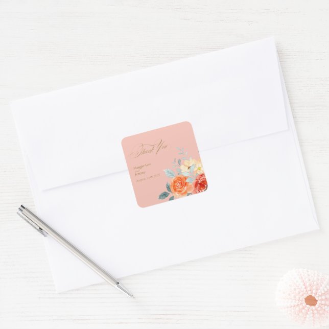 Adesivo Quadrado Dourado Casamento Floral de Blush Elegante Obrigad (Envelope)