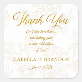 Adesivo Quadrado Dourado Casamento Floral Elegante Obrigado
