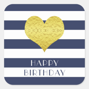 Adesivo Quadrado Dourado Coração Azul Stripes Feliz Aniversário