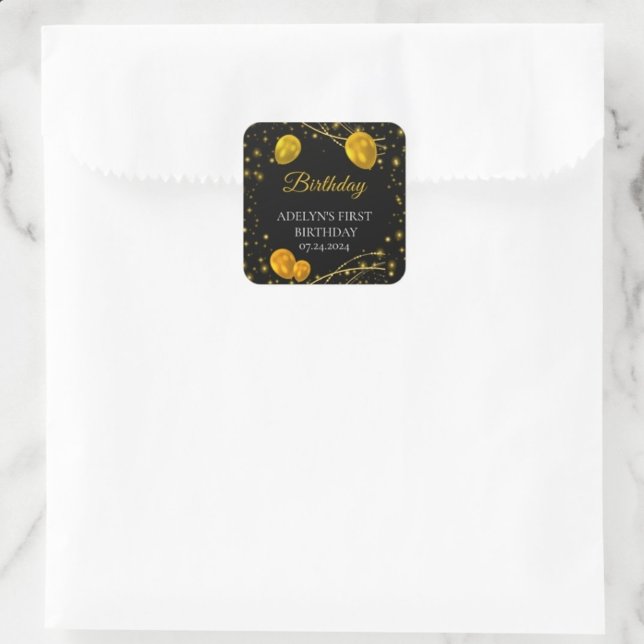 Adesivo Quadrado "Dourado e Negro Primeiro Aniversário" (Criador carregado)