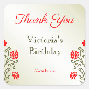 Adesivo Quadrado Dourado e Red Floral Obrigado Elegante