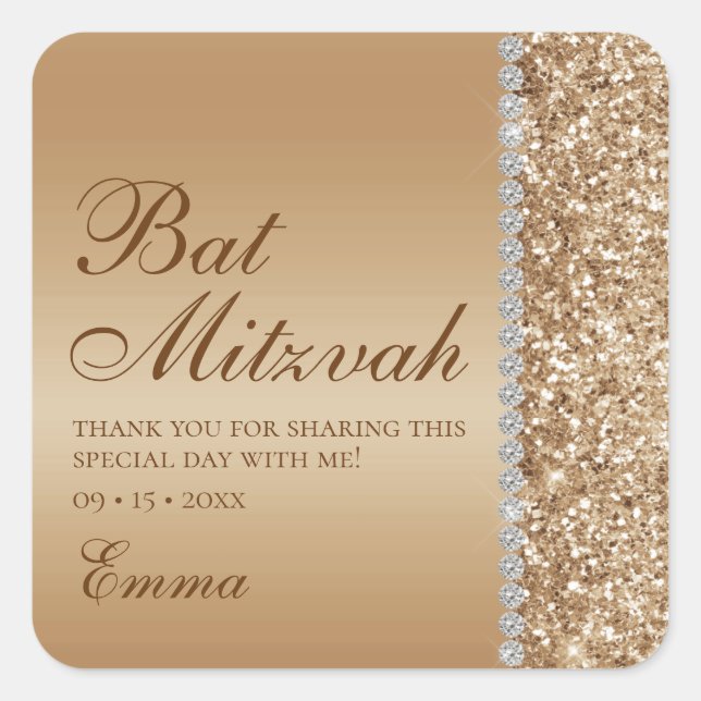Adesivo Quadrado Dourado Glitter Bat Mitzvah (Frente)