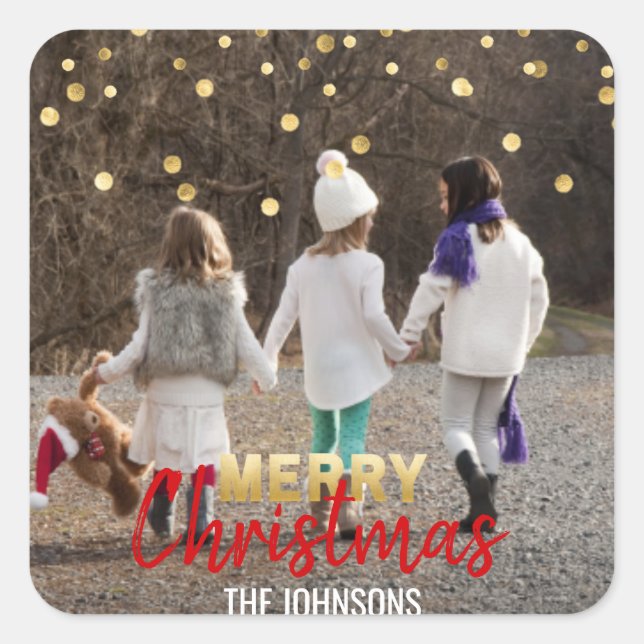 Adesivo Quadrado DOURADO Glitter RED Confetti Feliz Natal | FOTO (Frente)