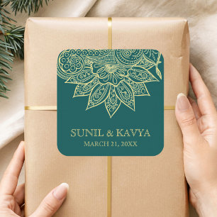 Adesivo Quadrado Dourado Mar Verde Mehendi Henna - Favor do Casamen