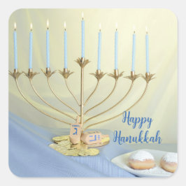 Adesivo Quadrado Dourado Menorah, Moedas e Sonhos Feliz Hanukkah