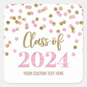 Adesivo Quadrado Dourado Pink Confetti Graduation 2024 Square Stick