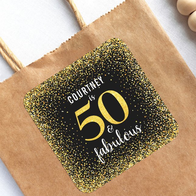 Adesivo Quadrado Dourado ponto confetti preto 50 fabuloso script mo (Criador carregado)