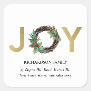 Adesivo Quadrado Dourado RED HOLLY BERRY JOY WREATH ENDEREÇO DE NA