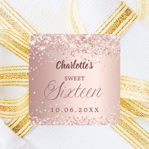 Adesivo Quadrado Dourado rosa script Aniversário de 16 anos
